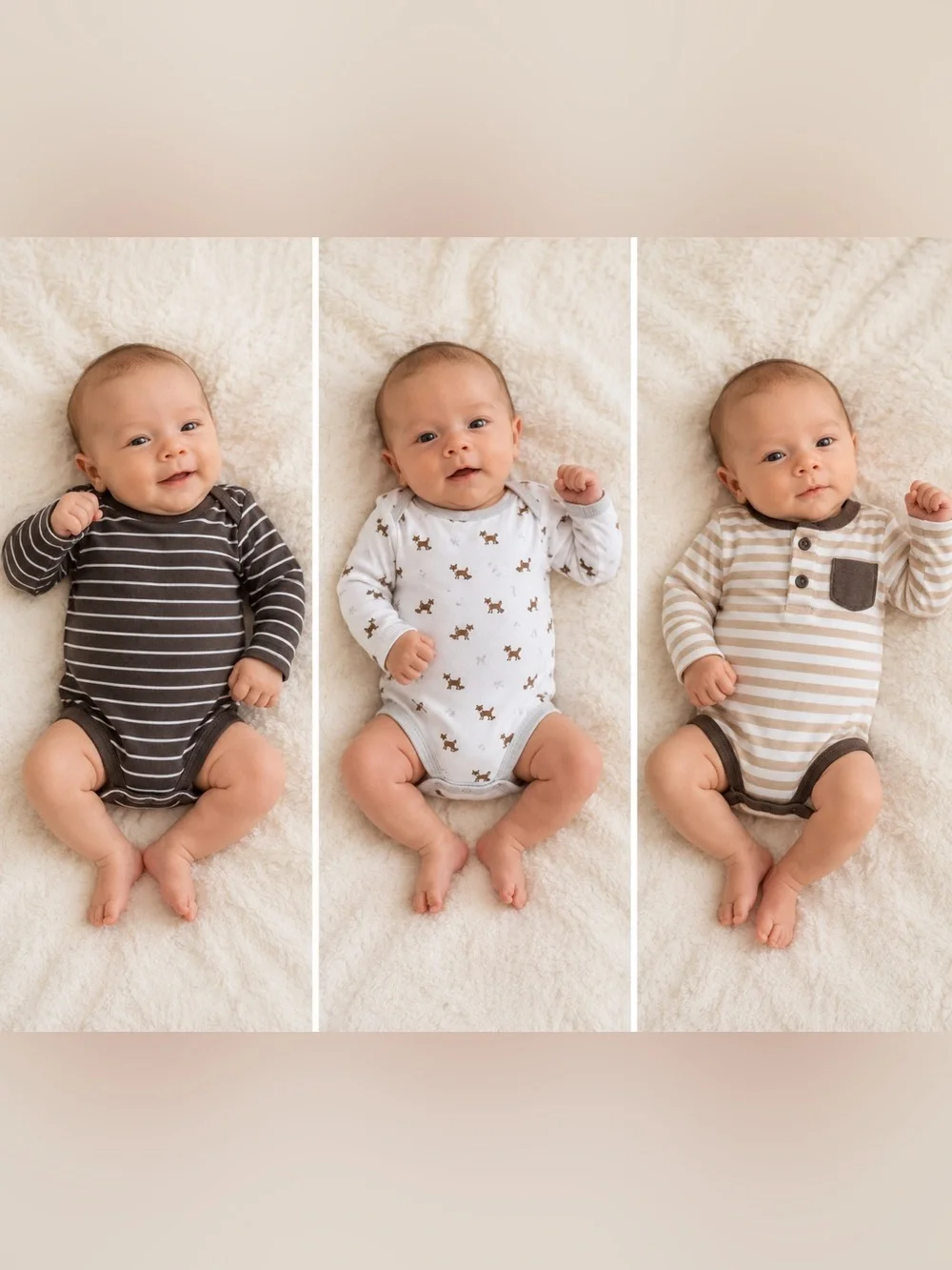 NEWBORN Carter's Brown, Cream & White Striped and Fox Print Baby Bodysuits
